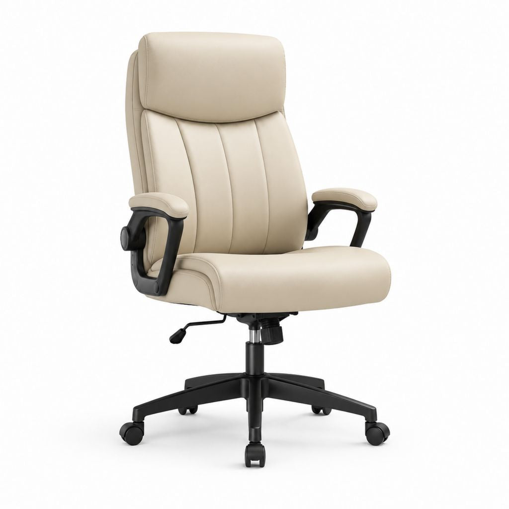Sedia da ufficio direzionale beige in pelle PU con schienale alto e ruote 64 x 64 x 112-122 cm