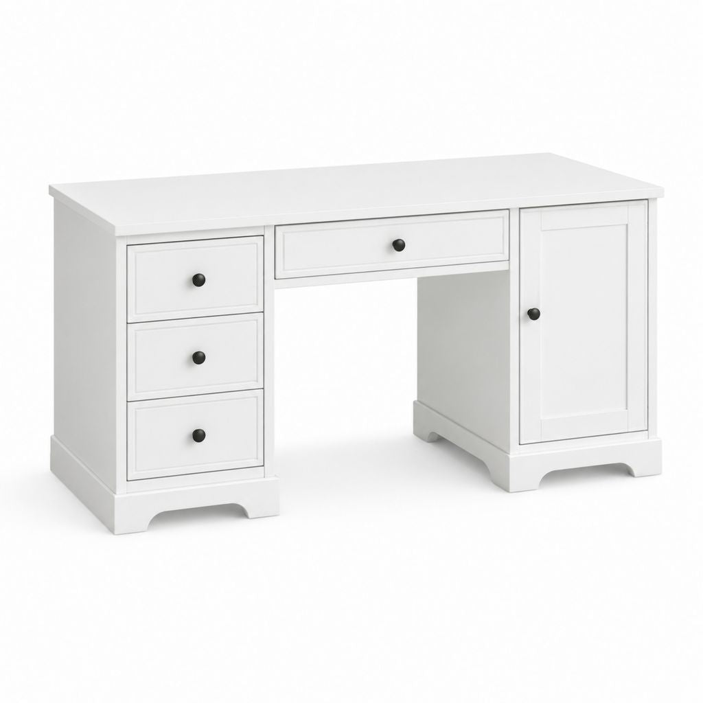 Scrivania tradizionale bianca in MDF rettangolare con 4 cassetti e anta 140 x 60 x 75 cm