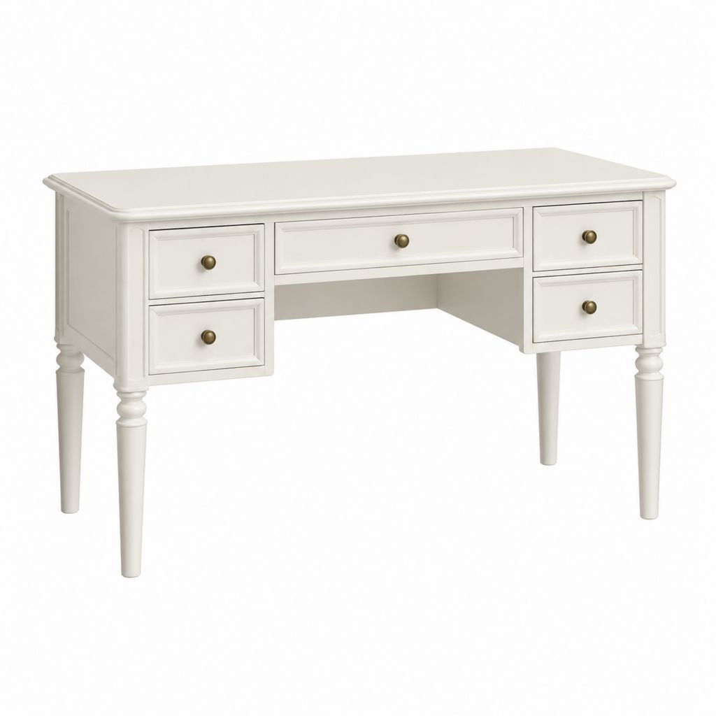 Scrivania classica bianca in MDF e legno massello rettangolare con 5 cassetti 140 x 60 x 76 cm