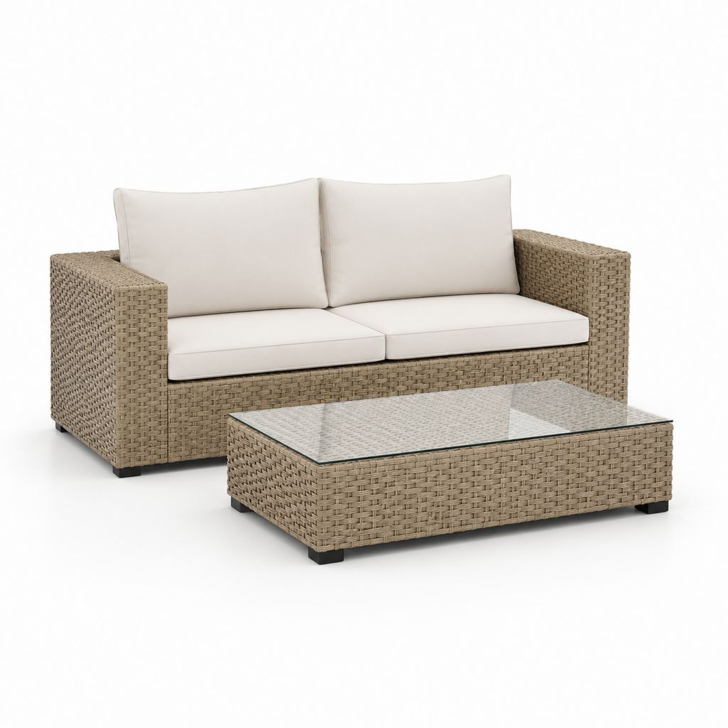 Set divano da giardino 2 posti e tavolino rettangolare beige in rattan PE con cuscini e vetro temperato divano 155 x 85 x 70 cm tavolino 100 x 60 x 35 cm