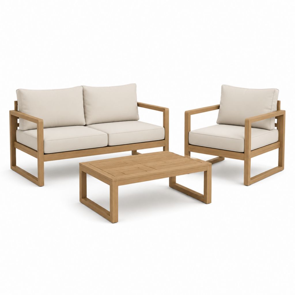 Set salotto da giardino 3 pezzi in acacia naturale con cuscini beige divano 2 posti poltrona e tavolino rettangolare