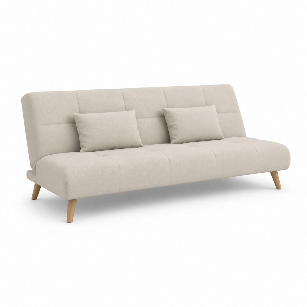 Divano letto 3 posti beige in poliestere con gambe in pino massello 210 x 86 x 85 cm