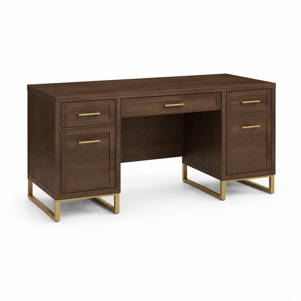 Scrivania tradizionale rettangolare marrone scuro in MDF impiallacciato con 5 cassetti 140 x 60 x 76 cm