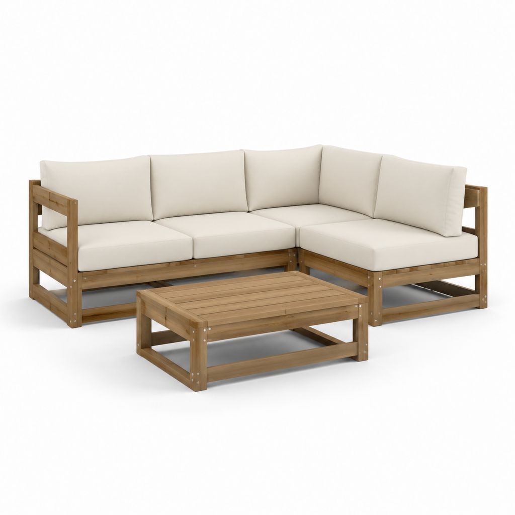 Set divano angolare da giardino con tavolino beige in legno massello di acacia 200 x 200 cm