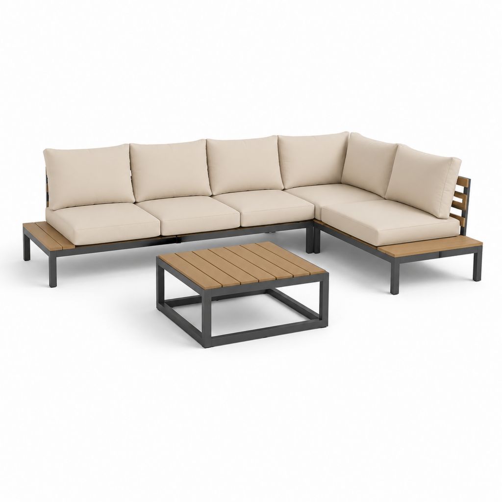 Set divano da giardino angolare 5 posti beige antracite e marrone in alluminio WPC e poliestere 250 x 190 cm con tavolino 80 x 60 cm