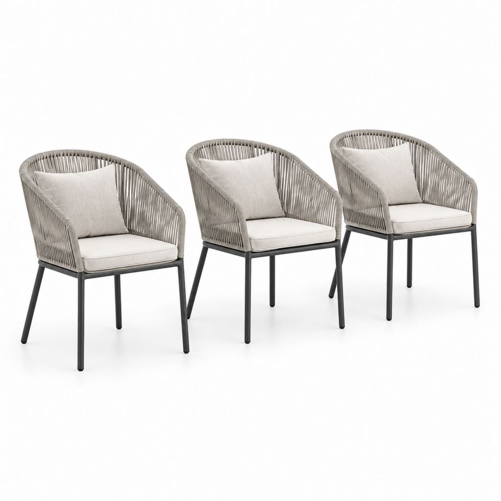 Set 3 sedie da giardino con braccioli grigio tortora in corda PE e acciaio 57 x 62 x 84 cm