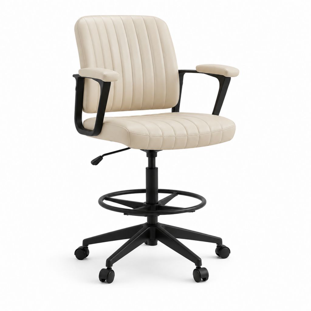 Sedia da ufficio alta regolabile beige in similpelle PU con braccioli e poggiapiedi 58 x 60 x 98-118 cm