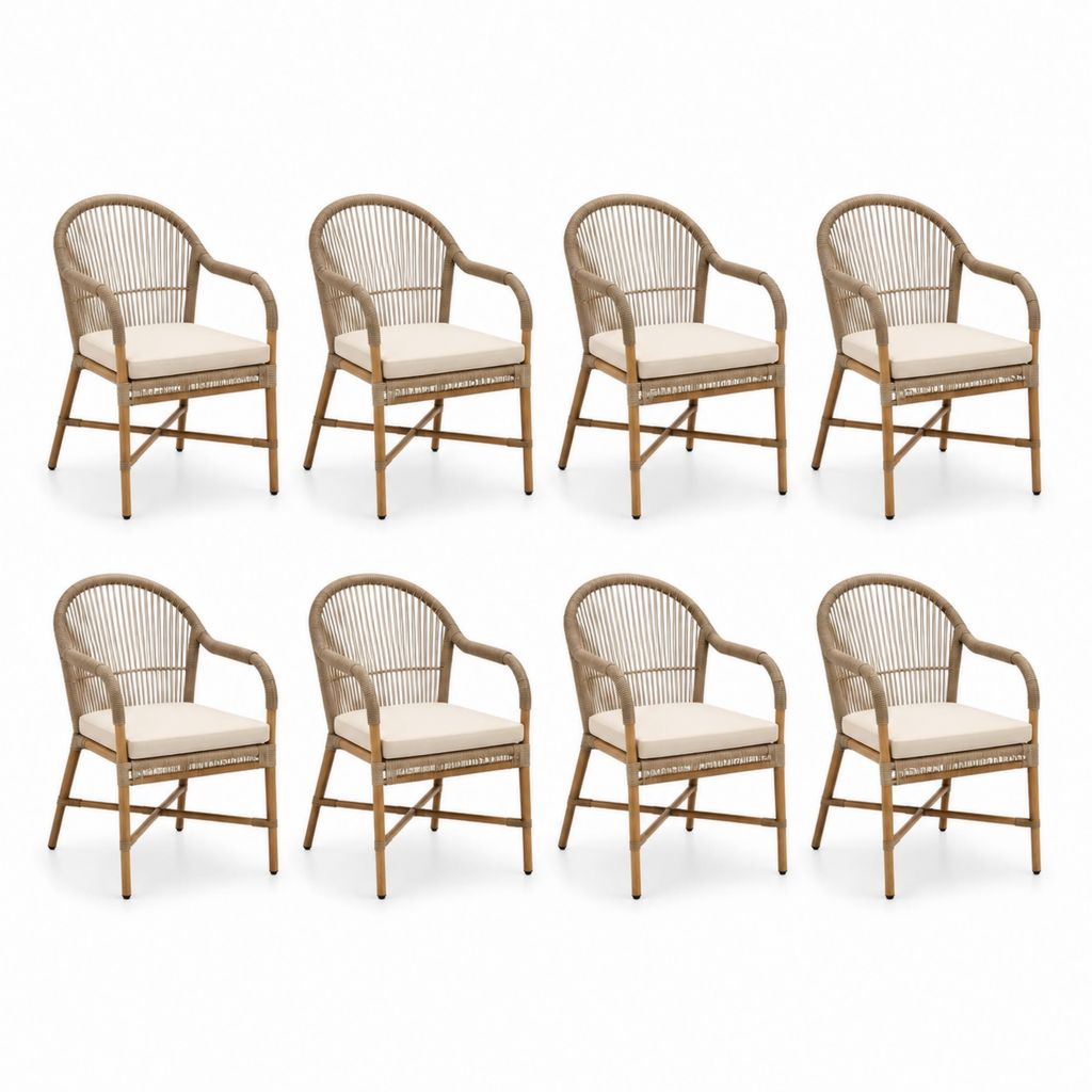 Set 8 sedie da giardino con braccioli marrone in rattan sintetico PE con cuscini crema 56 x 60 x 80 cm