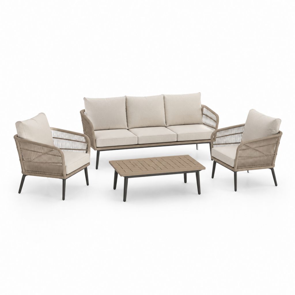 Set salotto da giardino 4 pezzi beige e tortora in acciaio verniciato a polvere con corda PE divano 3 posti 200 x 78 x 76 cm