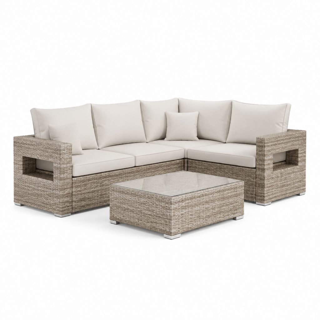 Set divano angolare da giardino beige in rattan PE con tavolino rettangolare 220 x 220 x 85 cm