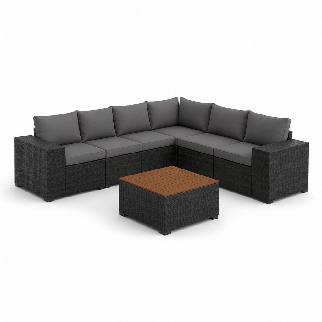 Set divano da giardino angolare 5 posti nero in rattan PE con cuscini grigio antracite e tavolino 210 x 210 x 63 cm