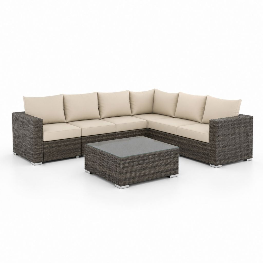 Set divano angolare da giardino 6 posti grigio marrone e crema in rattan PE e acciaio con tavolino 280 x 210 x 63 cm