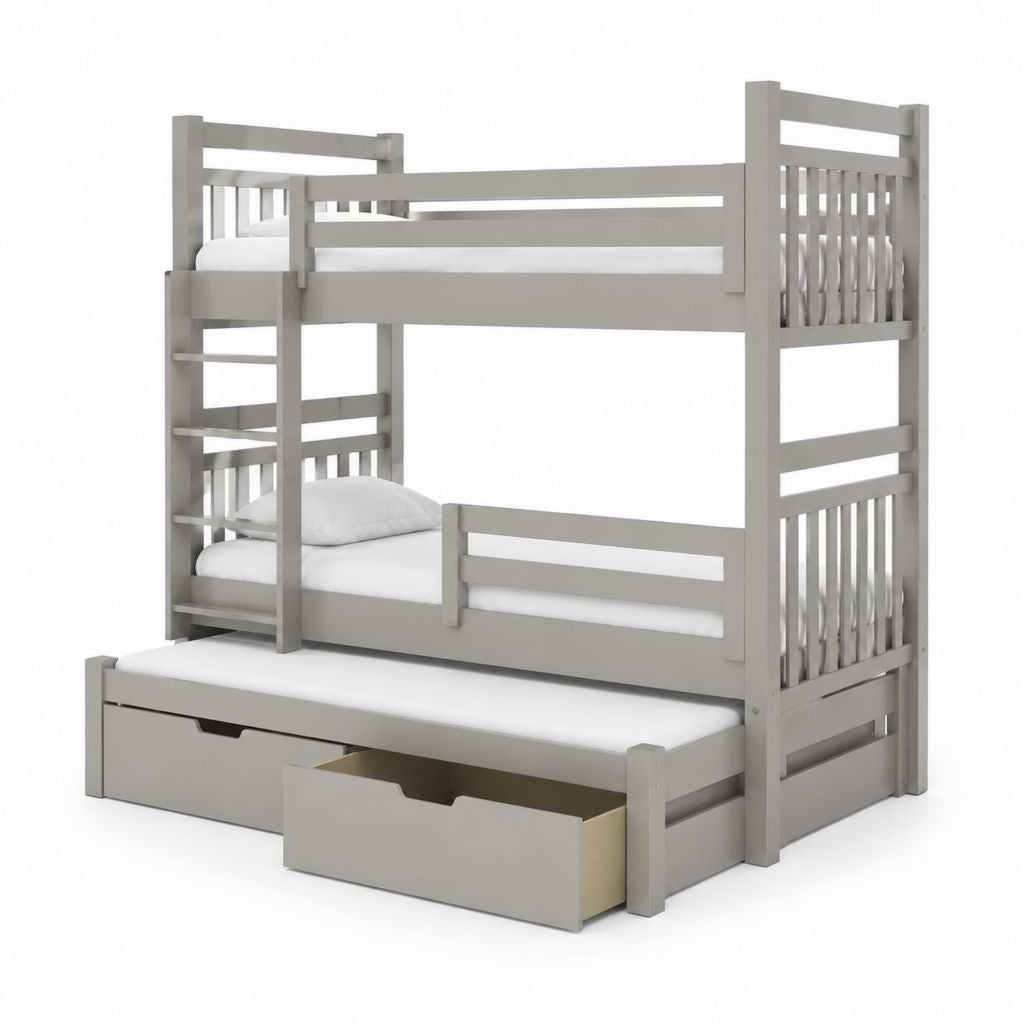 Letto a castello triplo per bambini grigio in legno massello di pino 203 x 105 x 190 cm con 2 cassetti