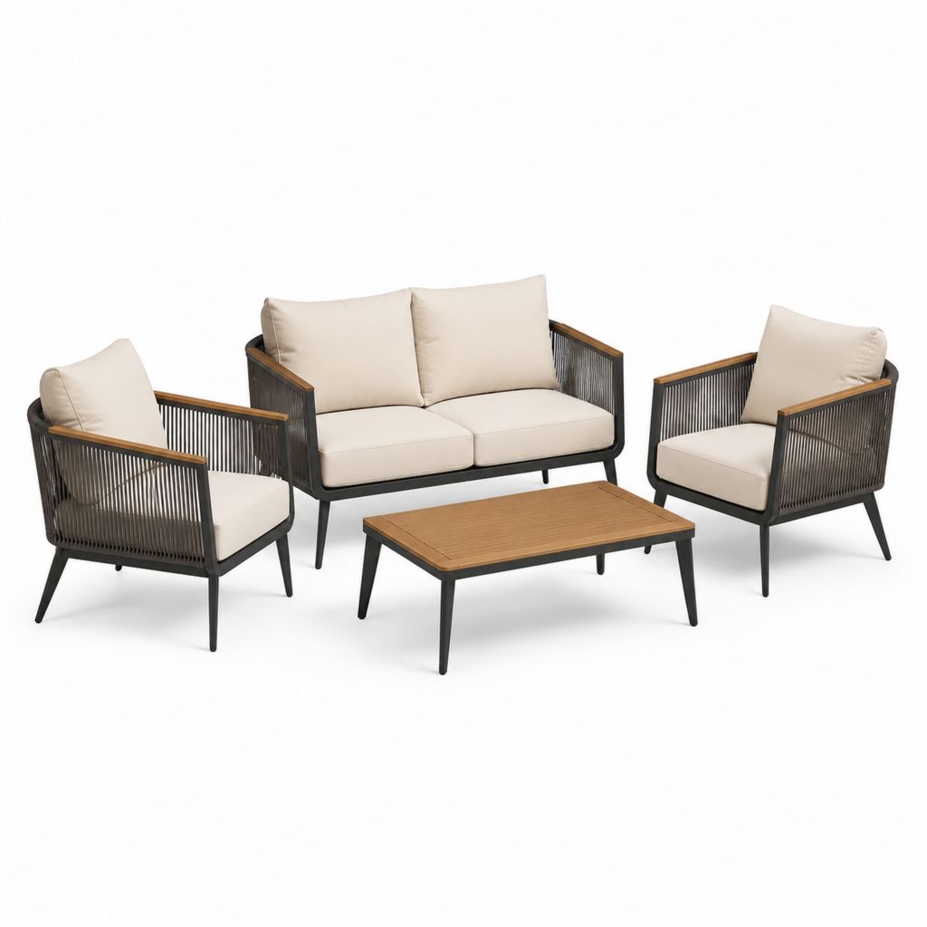 Salotto da giardino 4 pezzi beige e nero in alluminio e polipropilene con divano 130 x 70 x 78 cm