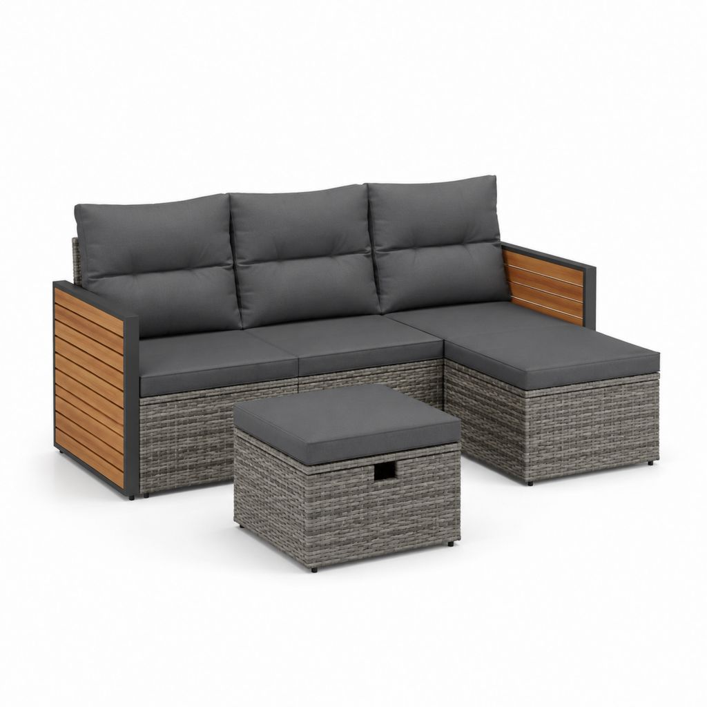 Set salotto da giardino angolare 3 posti grigio in rattan PE e legno massello di acacia con tavolino 198 x 140 x 70 cm
