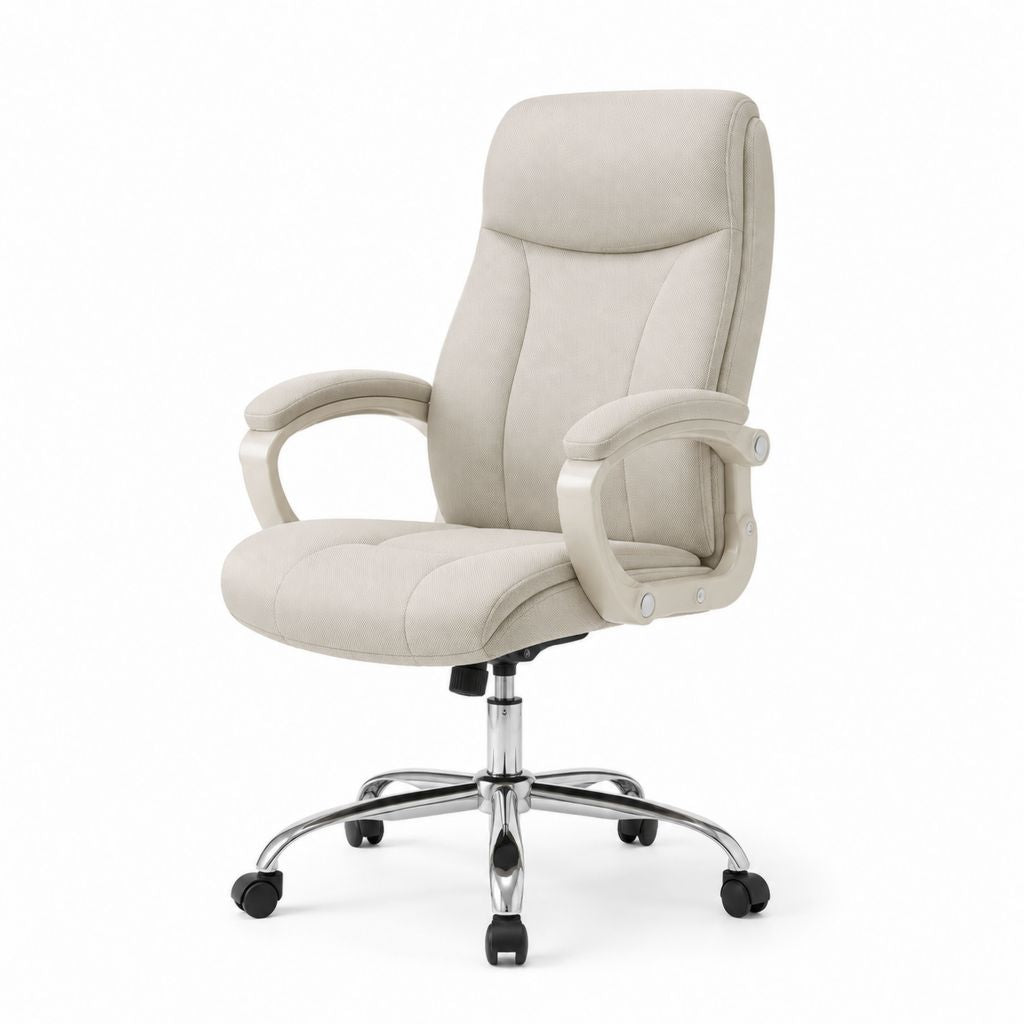 Sedia da ufficio ergonomica girevole beige in poliestere con braccioli e base cromata 66 x 67 x 112-122 cm