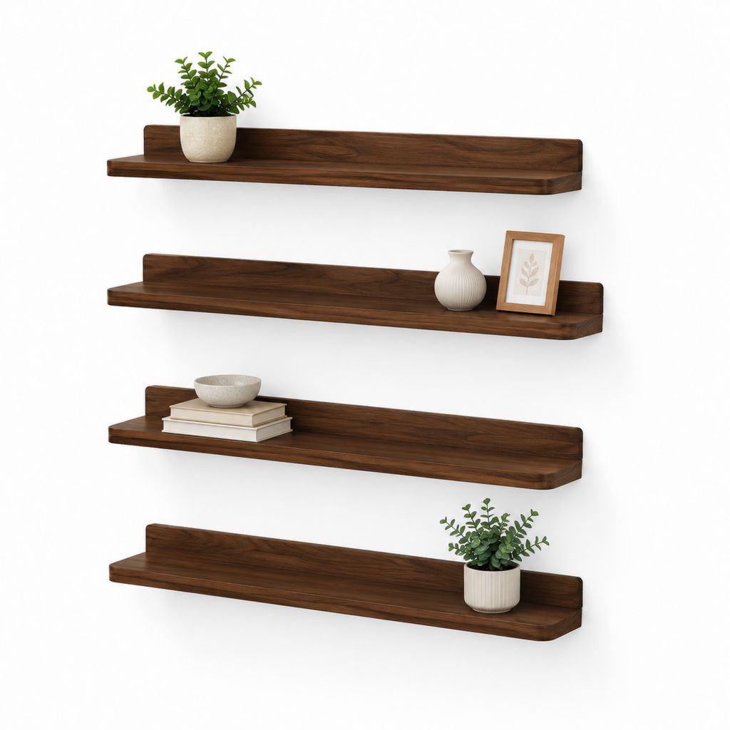Set di 4 mensole da parete marrone noce in MDF impiallacciato 80 x 20 x 12 cm