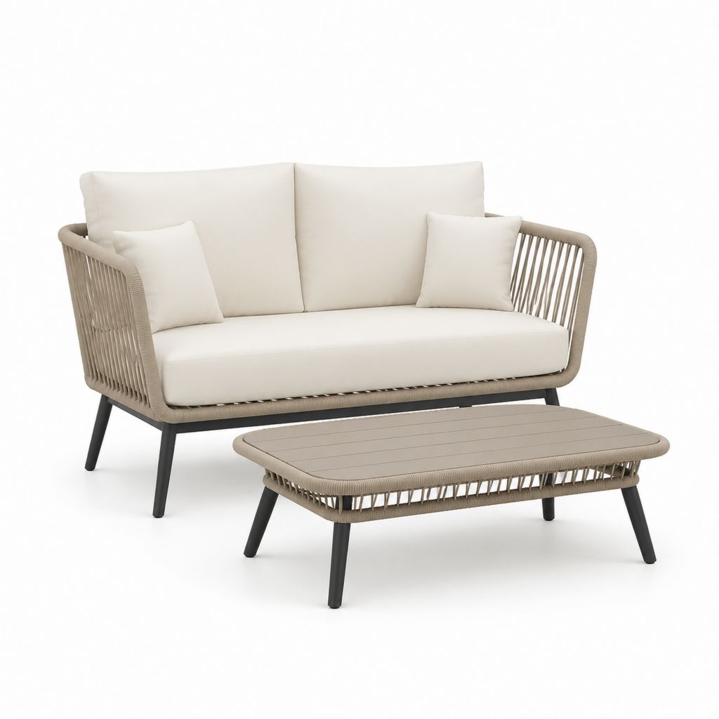 Set divano da giardino 2 posti con tavolino beige in alluminio e corda PE 148 x 78 x 76 cm