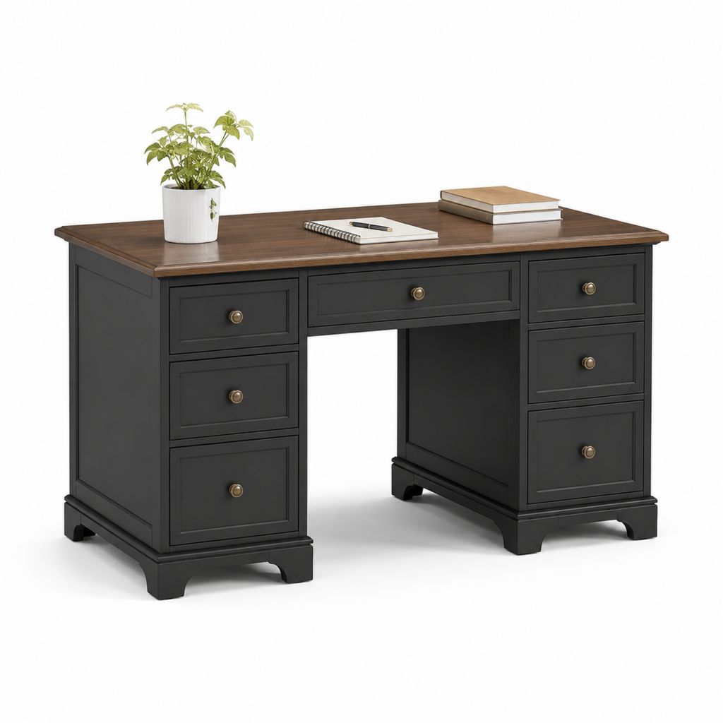 Scrivania tradizionale nera e marrone in MDF 140 x 70 x 76 cm con 7 cassetti