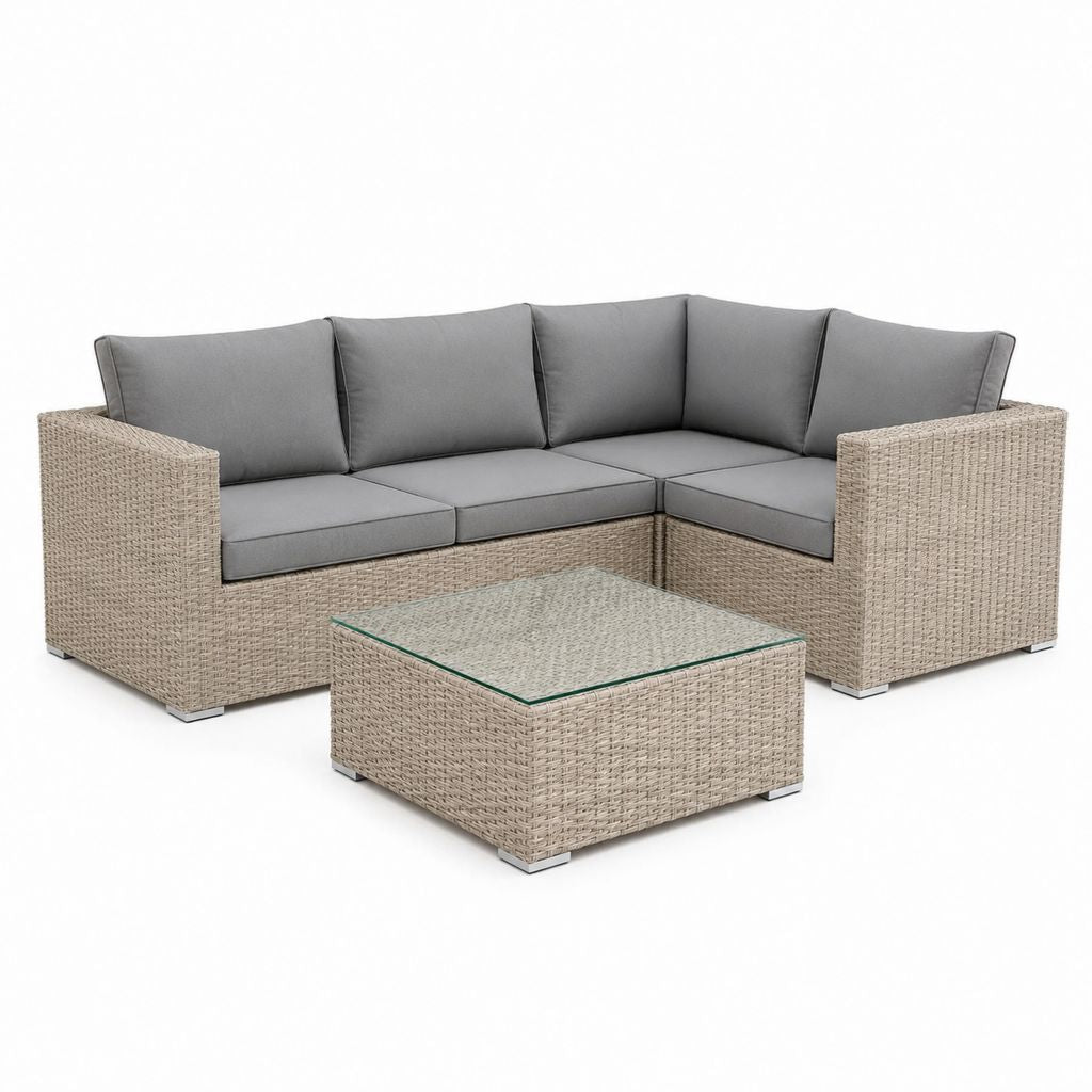 Set divano da giardino angolare 3 posti con tavolino grigio ecrù in rattan PE con vetro temperato 200 x 200 cm